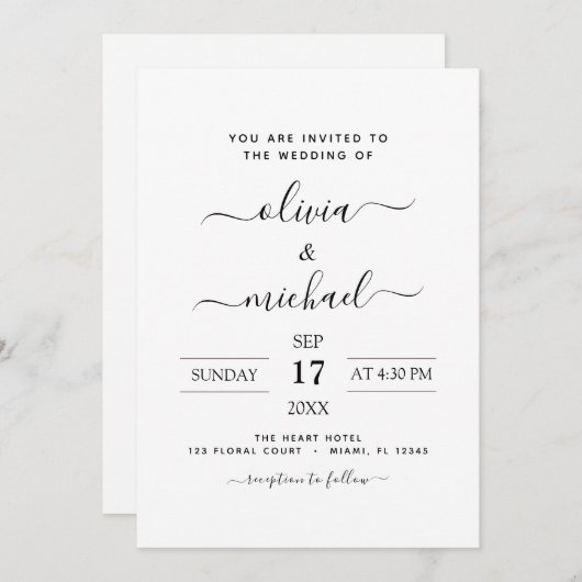 Black White Wedding Modern Typography Invitation Kaart (Voorkant / Achterkant)