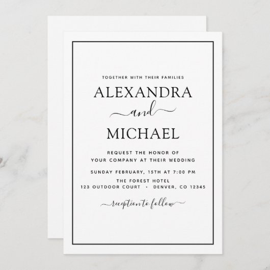 Black White Wedding Modern Typography Invitation Kaart (Voorkant / Achterkant)