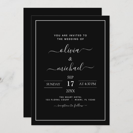 Black White Wedding Modern Typography Invitation Kaart (Voorkant / Achterkant)