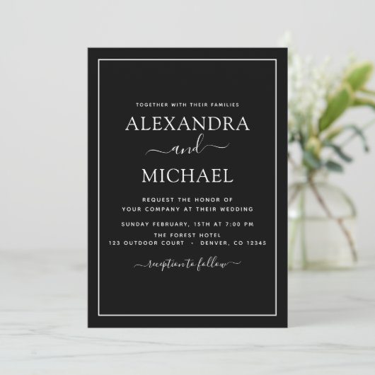 Black White Wedding Modern Typography Invitation Kaart (Staand voorkant)