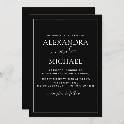 Black White Wedding Modern Typography Invitation Kaart (Voorkant / Achterkant)
