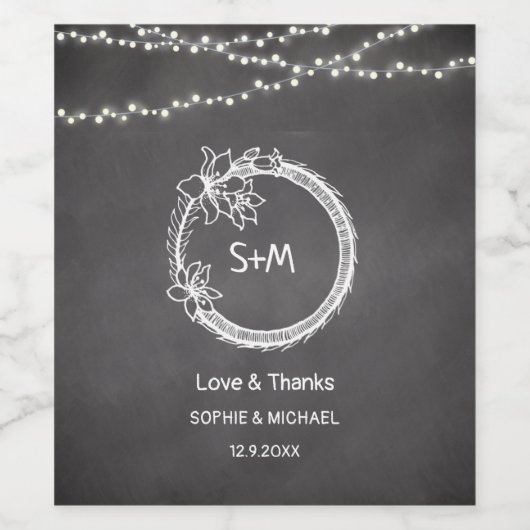 Black White Wedding String Lights Wijn Etiket (Enkel label)