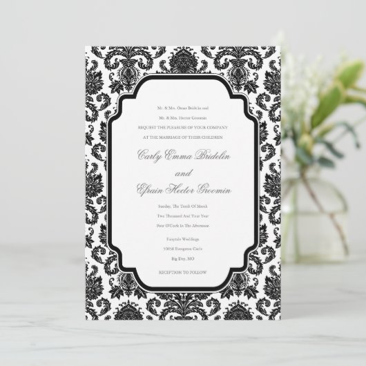 Black White Weddings Damask Gepersonaliseerd uitno Kaart (Staand voorkant)