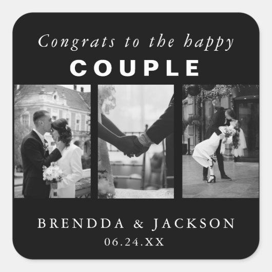 Black White Weduwfoto Collage Happy Couple Vierkante Sticker (Voorkant)