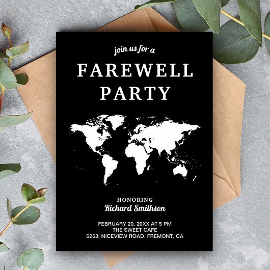 Black White Wereldkaart Farewell Party Invitation Kaart