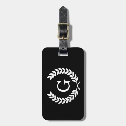 Black White Wheat Laurel WreatInitiaal Monogram Bagagelabel (Voorkant verticaal)