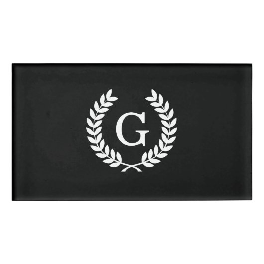 Black White Wheat Laurel WreatInitiaal Monogram Naambadge (Voorkant)