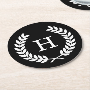 Black White Wheat Laurel WreatInitiaal Monogram Ronde Kartonnen Onderzetter