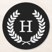 Black White Wheat Laurel WreatInitiaal Monogram Ronde Kartonnen Onderzetter (Voorkant)