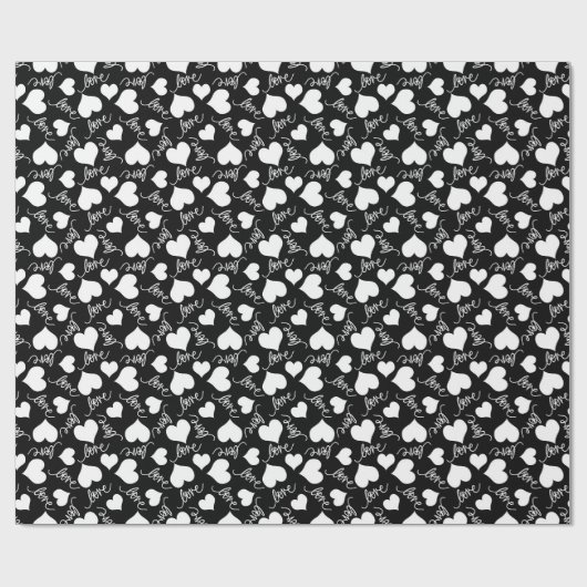 Black & White Whimsical Cursive Love & Hearts Cadeaupapier (Vlak)
