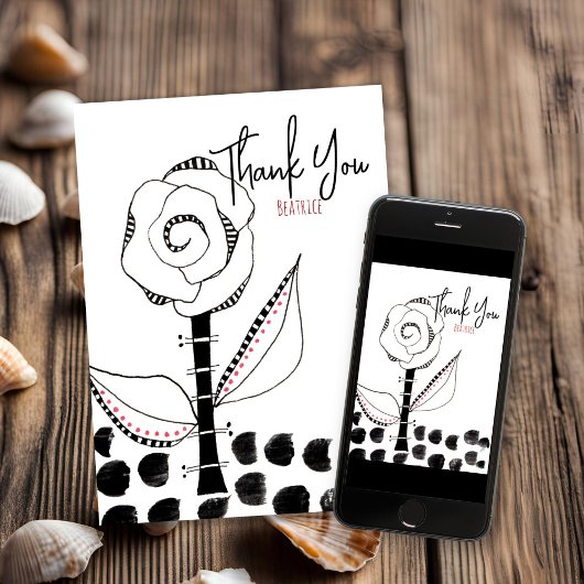 Black White Whimsical Flower Editable Bedankkaart