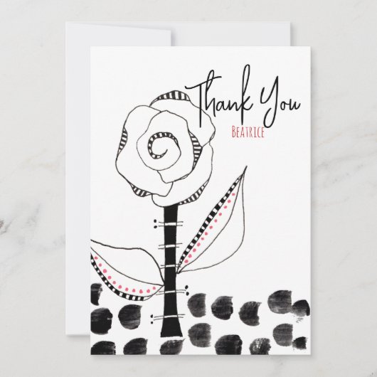 Black White Whimsical Flower Editable Bedankkaart (Voorkant)