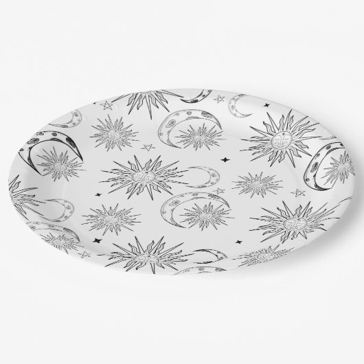 Black & White Whimsical Sun Celestial Verjaardag Papieren Bordje (Gekanteld)