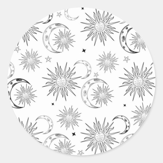 Black & White Whimsical Sun Celestial Verjaardag Ronde Sticker (Voorkant)
