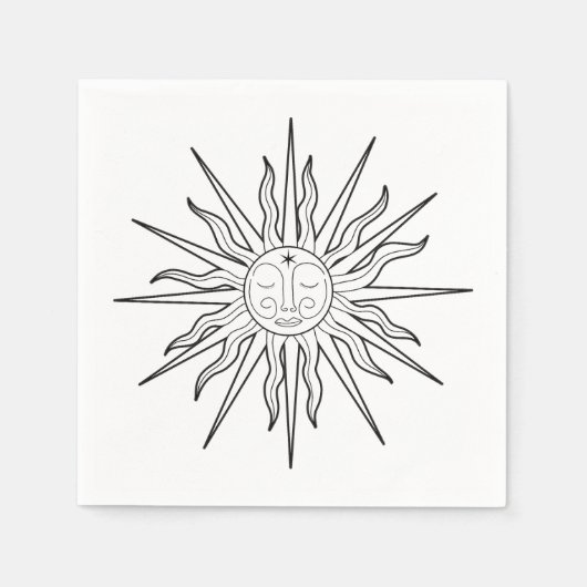 Black & White Whimsical Sun Celestial Verjaardag Servet (Voorkant)