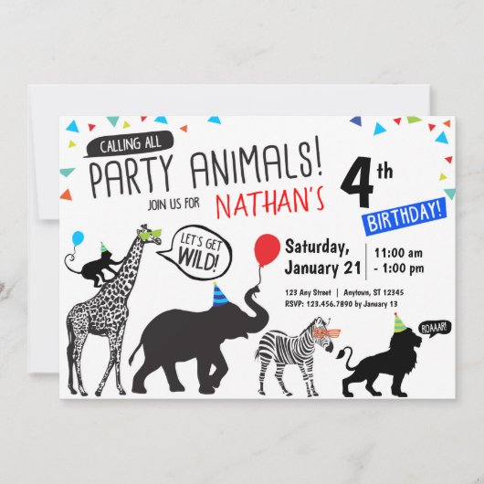 Black White Wild Party Animal Birthday Invitation Kaart (Voorkant)