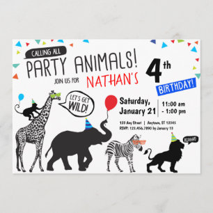 Black White Wild Party Animal Birthday Invitation Kaart
