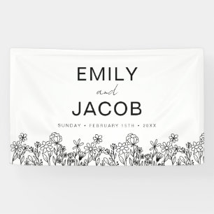 Black White Wildflower Boho Weddenschap in Bloom Spandoek