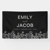 Black White Wildflower Boho Weddenschap in Bloom Spandoek (Horizontaal)