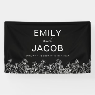 Black White Wildflower Boho Weddenschap in Bloom Spandoek