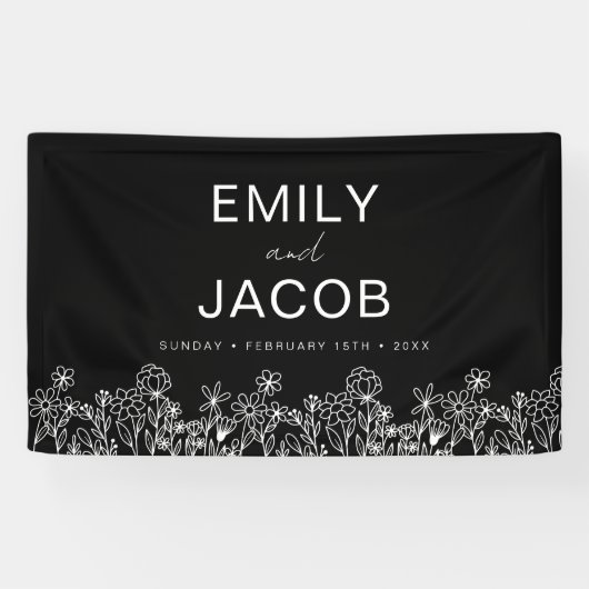 Black White Wildflower Boho Weddenschap in Bloom Spandoek (Horizontaal)
