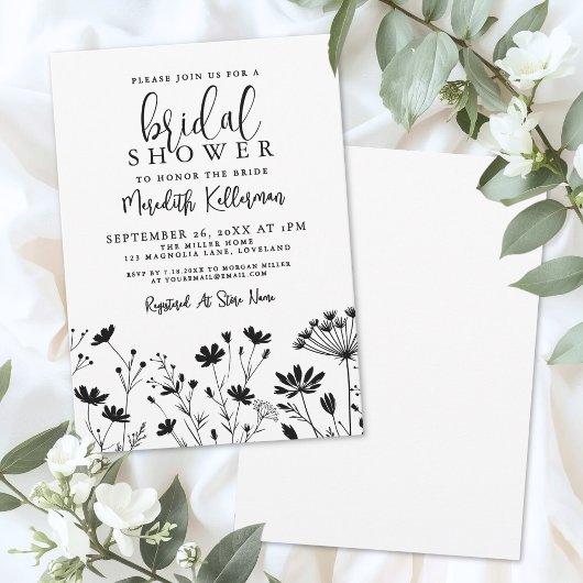 Black White Wildflower Bridal Shower Kaart