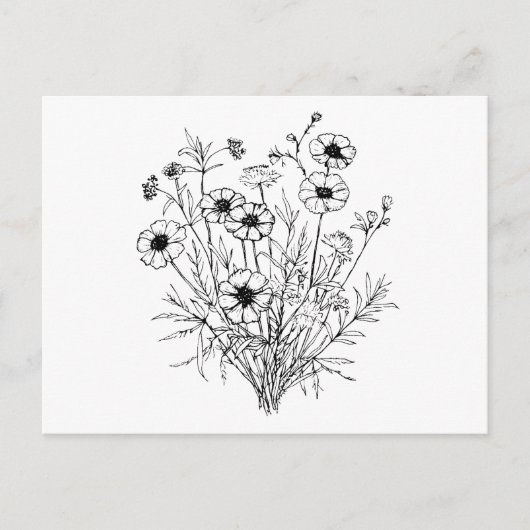 Black White Wildflower Line Art Briefkaart (Voorkant)
