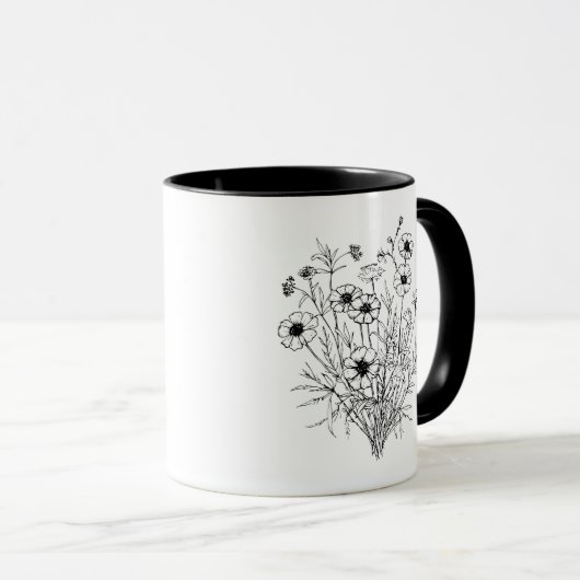 Black White Wildflower Line Art Mok (Voorkant rechts)