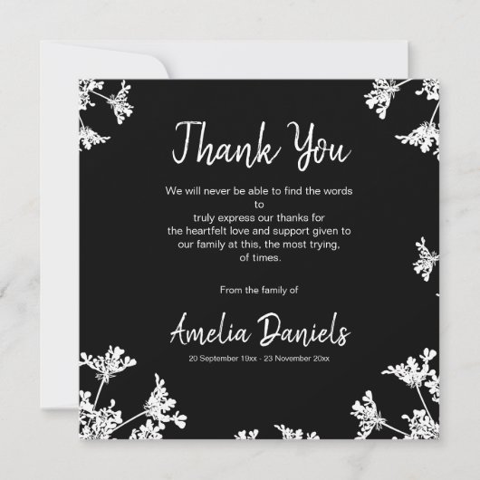 Black & White Wildflower Uitvaart Dank u kaart (Voorkant)