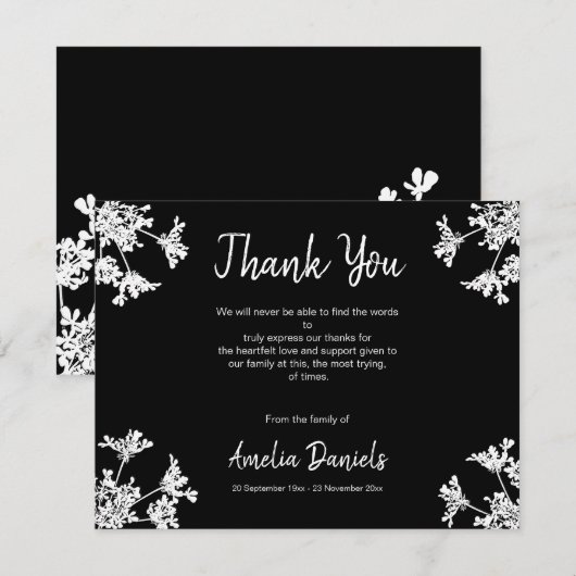 Black & White Wildflower Uitvaart Dank u kaart (Voorkant / Achterkant)
