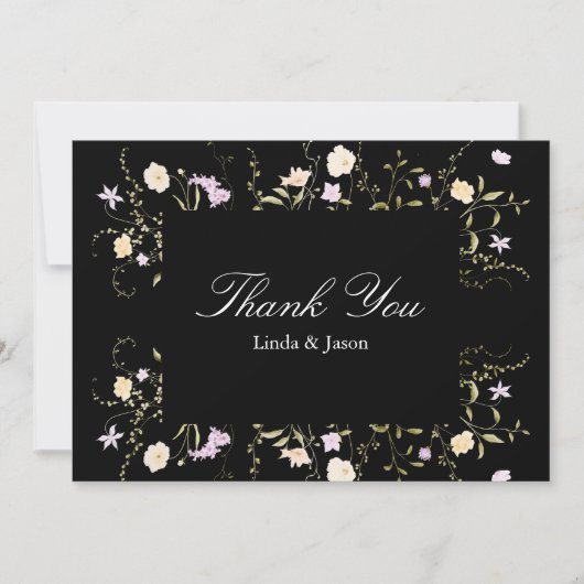 Black & White Wildflowers Wedding Dank u kaart (Voorkant)