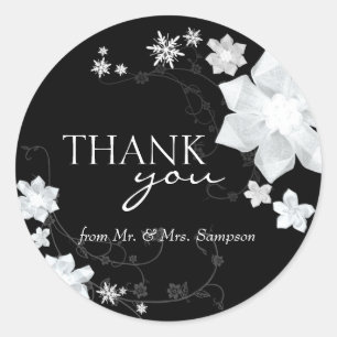 Black White Winter Floral Weddenschap Bedankt Ronde Sticker