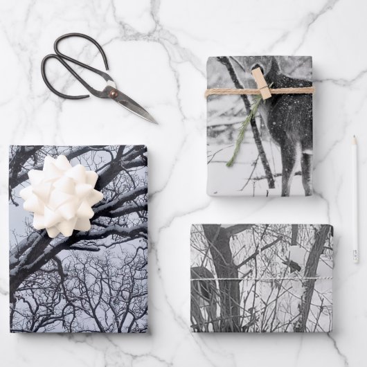 Black White Winter Natuur Wildlife Deer Inpakpapier Vel (Voorkant)
