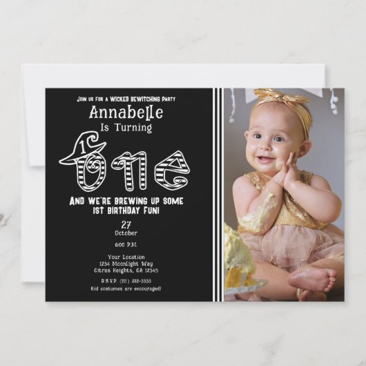 Black White Witch Halloween Foto 1e Verjaardag Kaart (Voorkant)