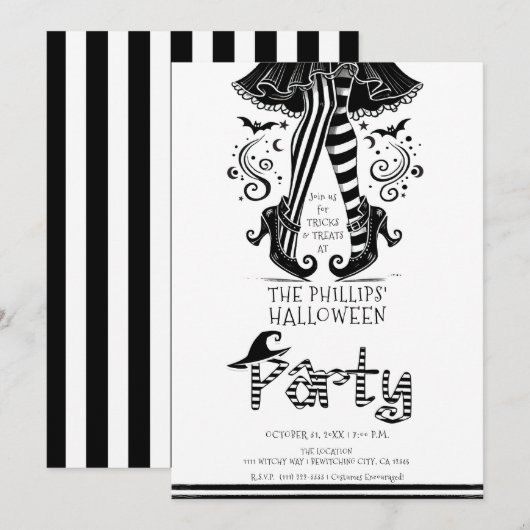 Black & White Witch Legs Whimsical Halloween Party Kaart (Voorkant / Achterkant)