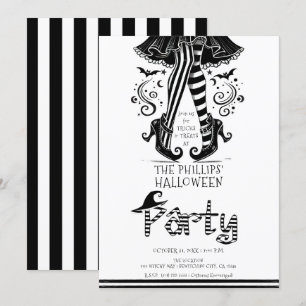 Black & White Witch Legs Whimsical Halloween Party Kaart