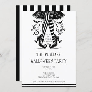 Black & White Witch Legs Whimsical Halloween Party Kaart