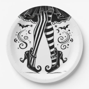 Black & White Witch Legs Whimsical Halloween Party Papieren Bordje