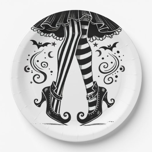 Black & White Witch Legs Whimsical Halloween Party Papieren Bordje (Voorkant)