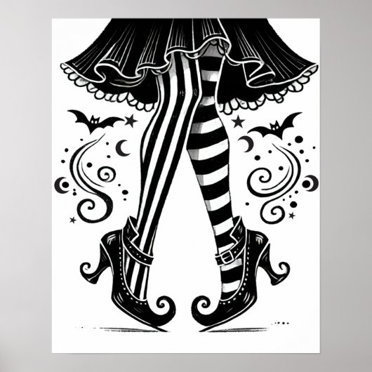 Black & White Witch Legs Whimsical Halloween Poster (Voorkant)