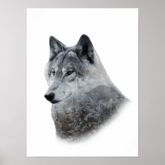 Black White Wolf Double Exposure Poster (Voorkant)