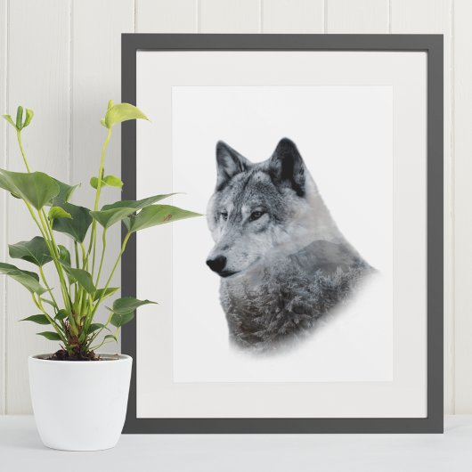 Black White Wolf Double Exposure Poster