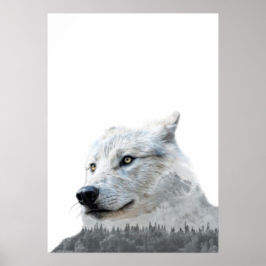 Black White Wolf Dubbele Blootstelling Modern Poster (Voorkant)