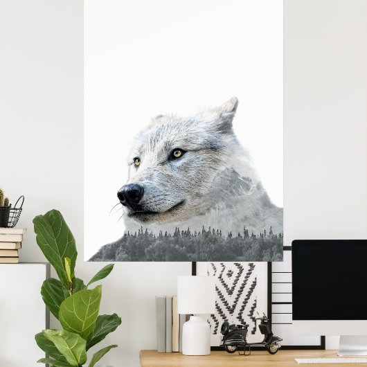 Black White Wolf Dubbele Blootstelling Modern Poster (Thuiskantoor)