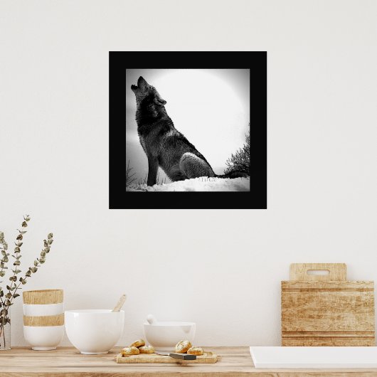 Black & White Wolf Howling op Moon Poster Print (Keuken)