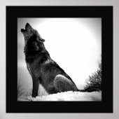 Black & White Wolf Howling op Moon Poster Print (Voorkant)