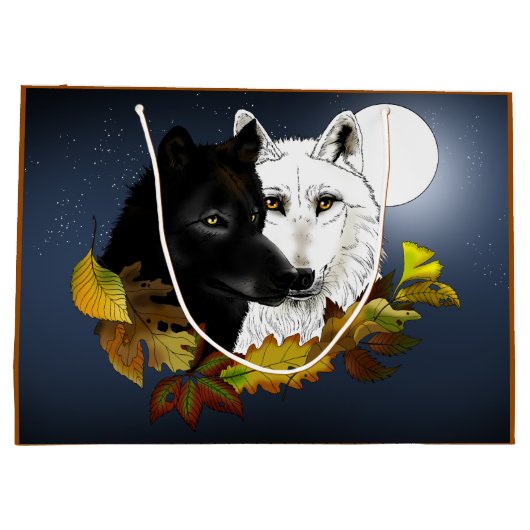 Black White Wolves Moonlight Autumn Leaves Groot Cadeauzakje (Achterkant)