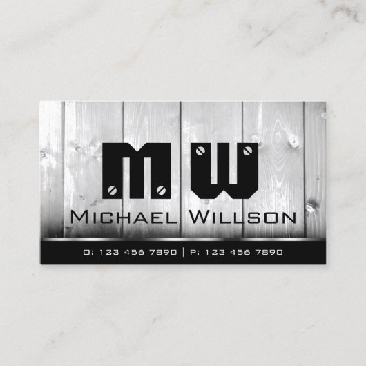 Black White Wooden Boards Wood Grain Kijk Monogram Visitekaartje (Voorkant)