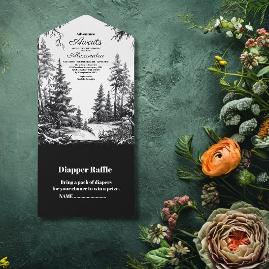 Black White Woodland Adventure Baby shower All In One Uitnodiging