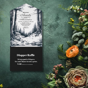 Black White Woodland Adventure Baby shower All In One Uitnodiging